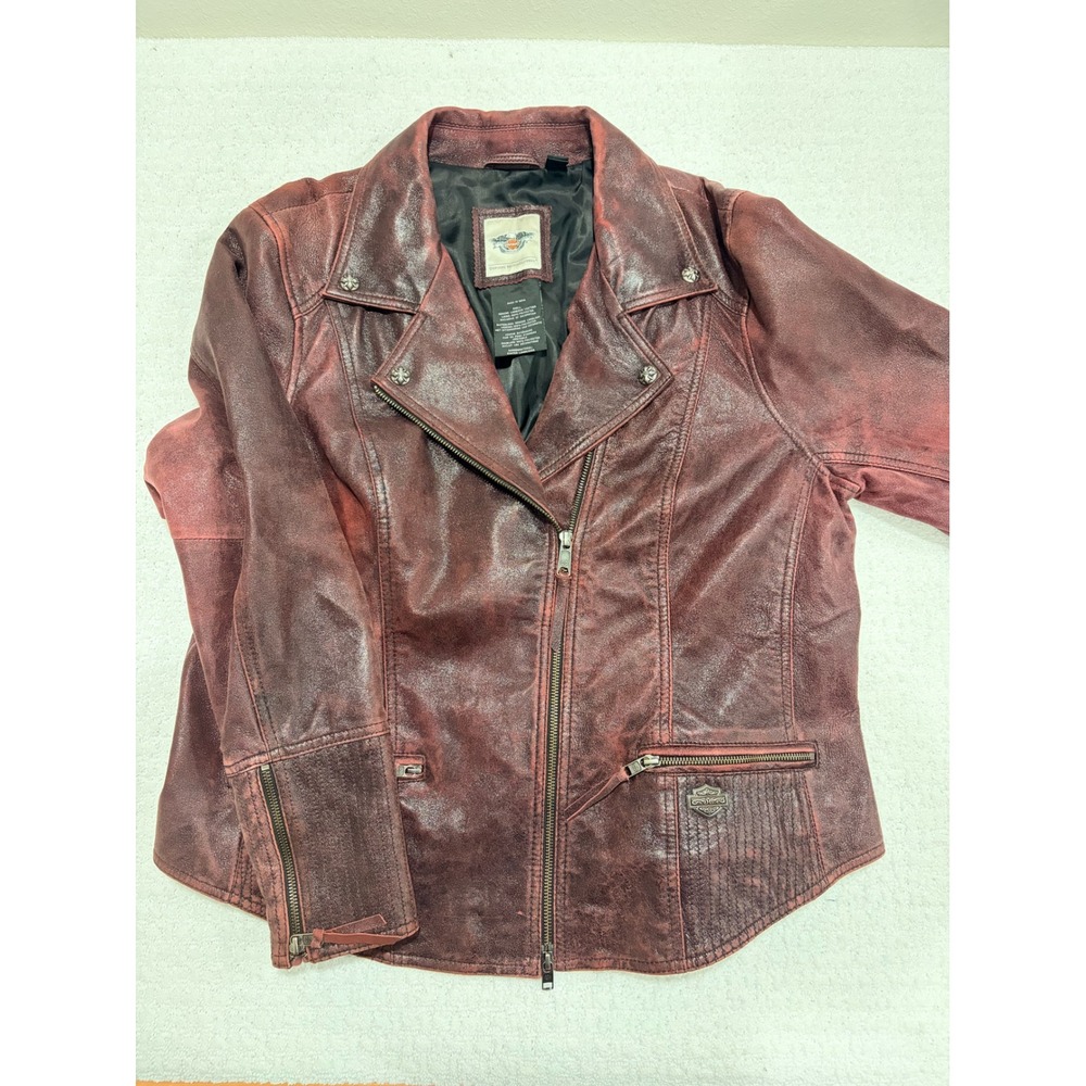 Harley-Davidson Womens 2XL Distressed Burgundy Lambskin Leather Biker Jacket